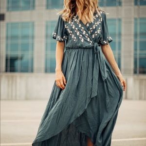 Piper & Scoot Teal Emroidered Floral Wrap Dress M